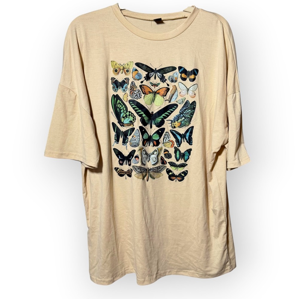 SHEIN Womens Large Tan Butterfly Graphic Print Oversized Short Sleeve Tee